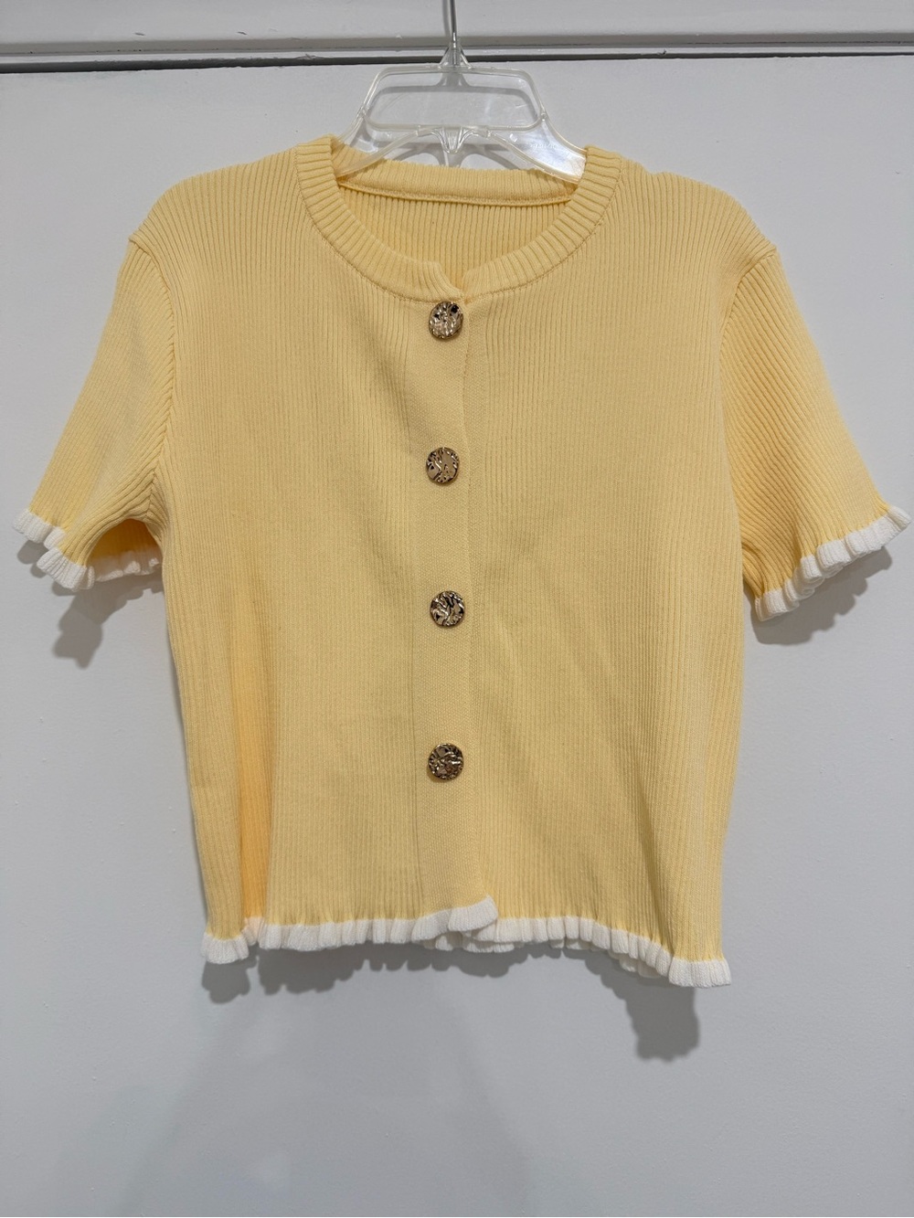 Yellow Short-Sleeve Ribbed Button Cardigan with White Ruffle Trim